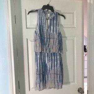 Blue, beige, and white dress from Altar’d state.